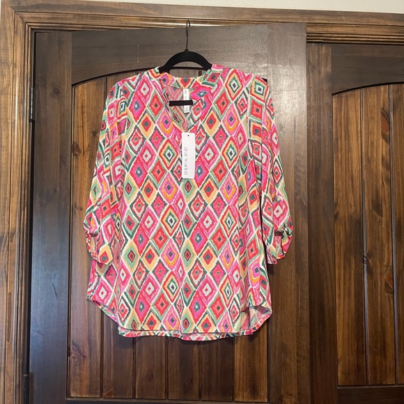 Dear Scarlett Tops - Vibrant Pink Geometric Roll-Tab Blouse